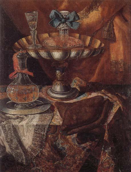 unknow artist Still life of a wine glass and bottle in a parcel gilt tazza together with a glass decanter on a pewter dish upon a draped tabletop Norge oil painting art